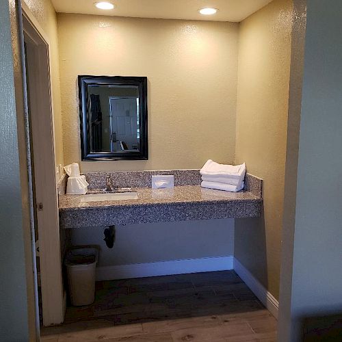 The image shows a bathroom vanity area with a mirror, towels, a trash can, and a countertop with a sink. The lighting is recessed overhead.